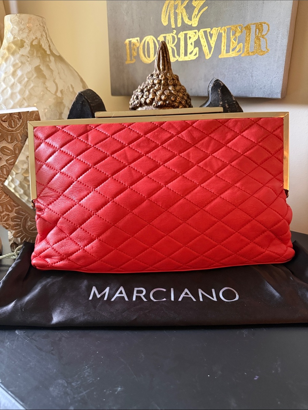 Marciano Quilted Red-Orange Leather Frame Clutch with Gold Trim